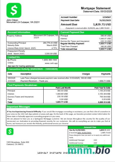 USA Cash App wyciąg z kredytu hipotecznego w formatach Word i PDF